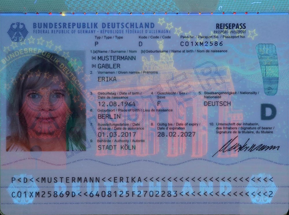 پاسپورت آلمان تحت اشعه UV