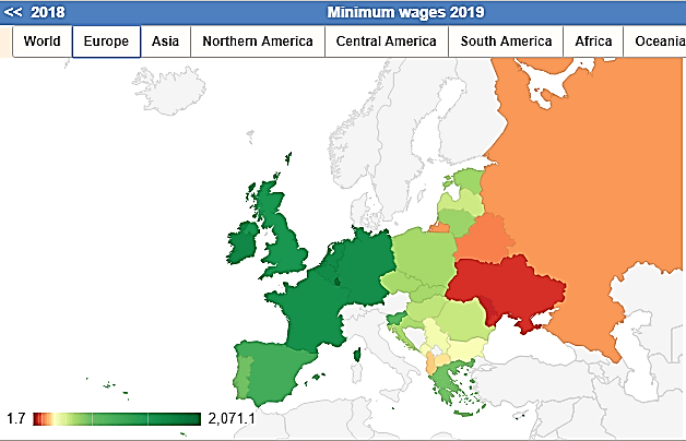 نقشه حداقل حقوق نیروی کار در اروپا
