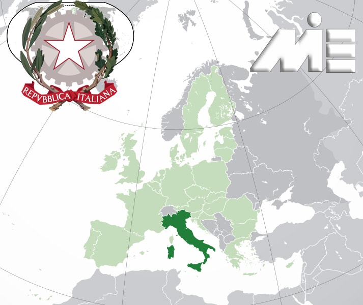 ایتالیا بر روی نقشه جهان به همراه نشان ملی ایتالیا