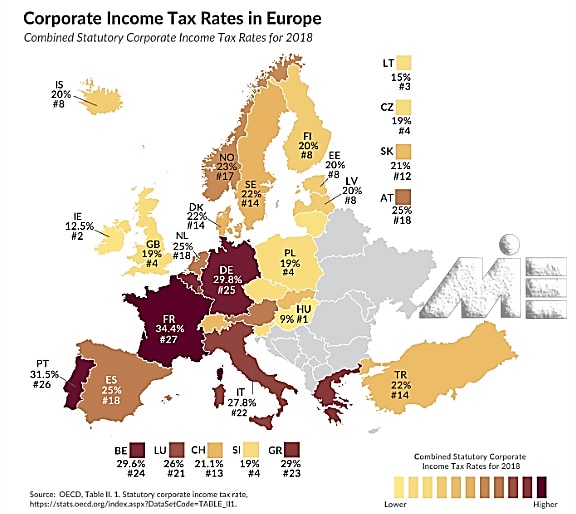 نقشه درصد نرخ مالیات بر درآمد کشور های اروپایی به تفکیک هر کشور