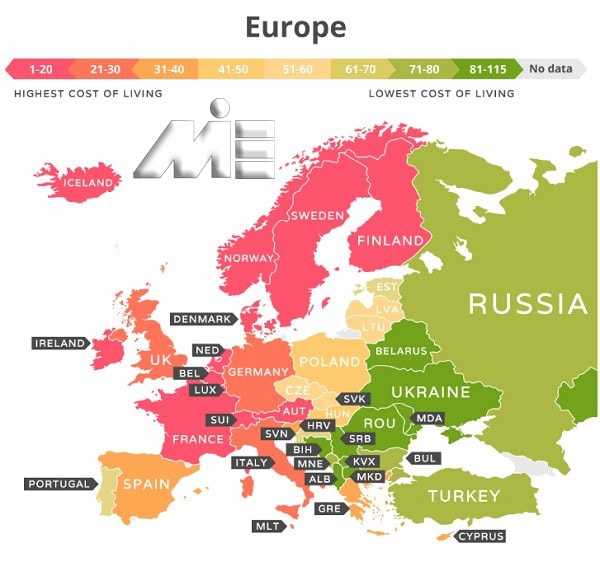 نقشه هزینه های زندگی در کشور های اروپایی