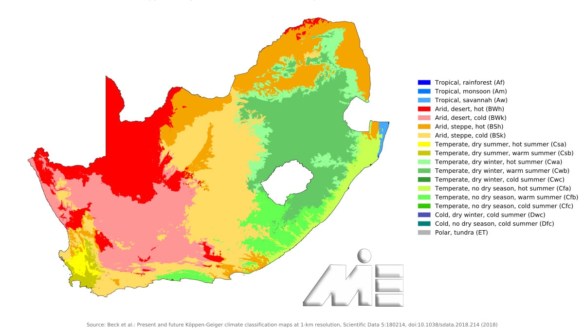 نوع آب و هوای مناطق مختلف کشور آفریقای جنوبی