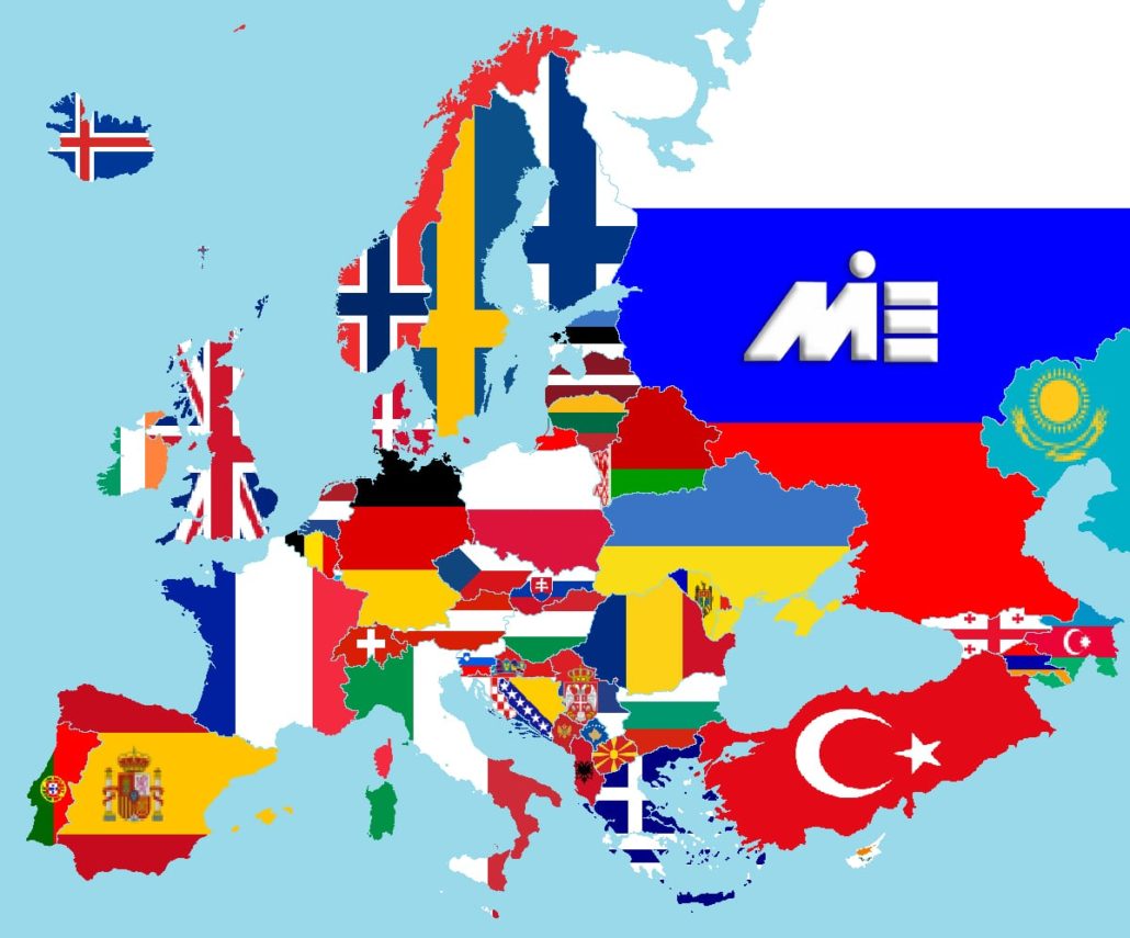 نقشه اروپا - اقامت اروپا - مهاجرت به اروپا - تحصیل در اروپا - کار در اروپا - پرچم کشورهای اروپایی