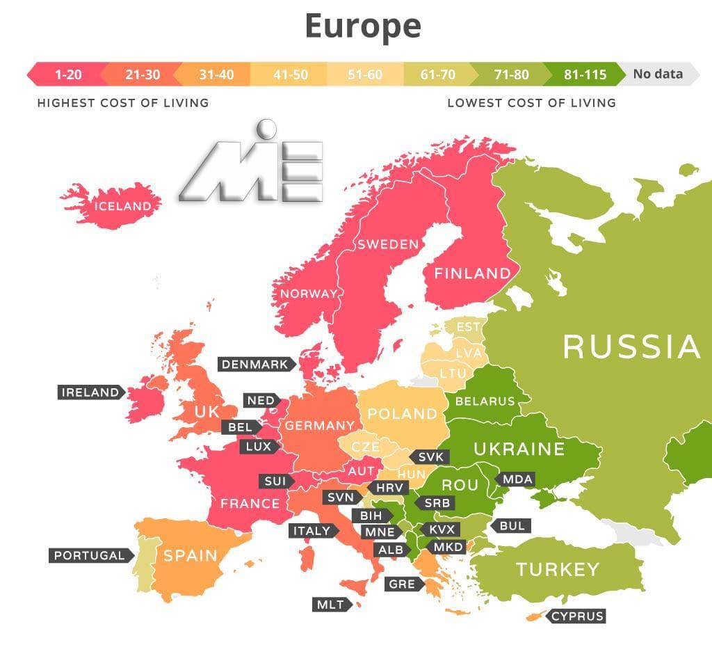 نقشه هزینه های زندگی در کشور های اروپایی